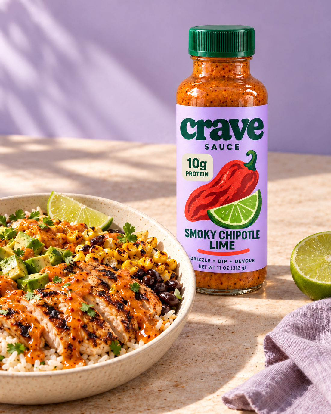 crave editorial hero packaging concept with 10g protein badge
