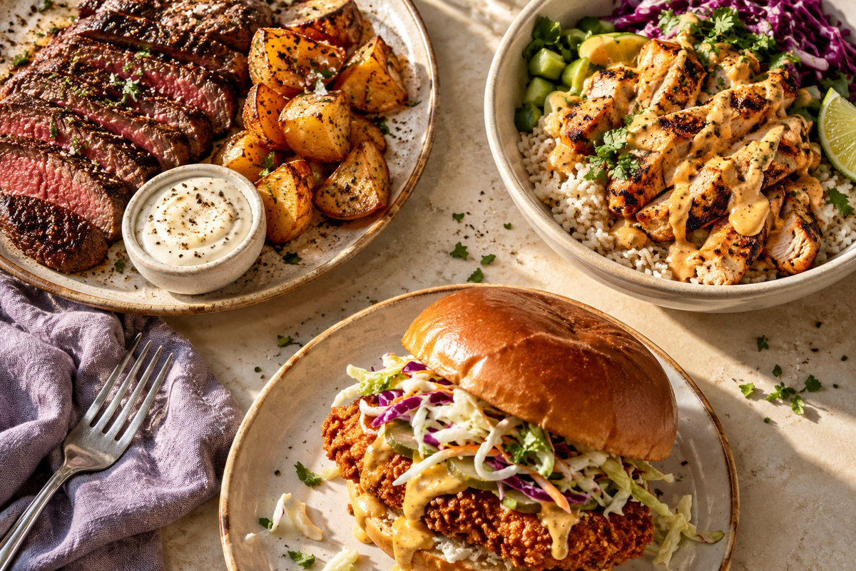 Serving inspiration: steak with garlic sauce, a chicken bowl and crispy chicken sandwich