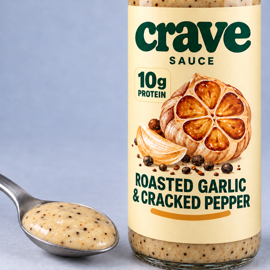 crave garlic detail packaging concept with 10g protein badge