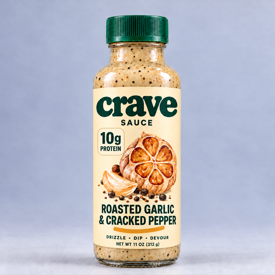 crave garlic front packaging concept with 10g protein badge