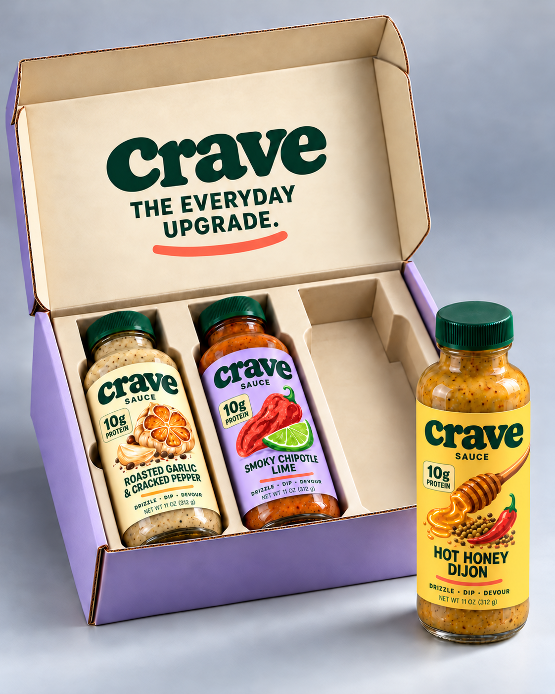 crave trio box packaging concept with 10g protein badge